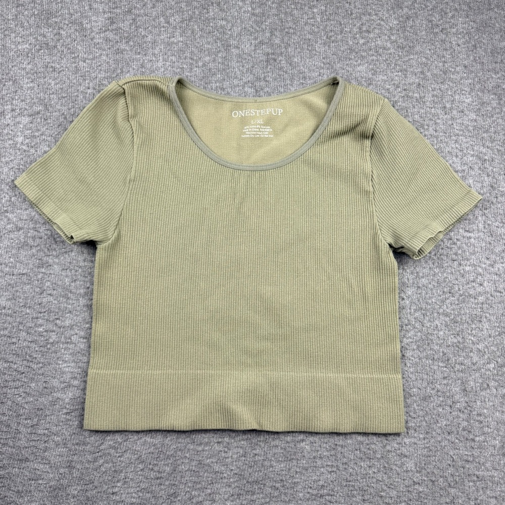 ONE STEP UP Ribbed Short Sleeve Crop Top Green Women's Size L/XLโ